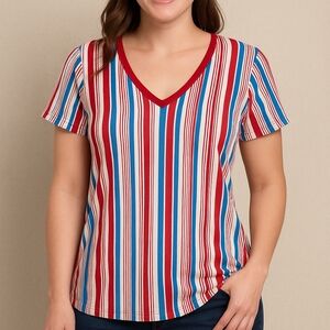 LuLaRoe Christy T Red, White & Blue Striped V-Neck Top – Size M NEW